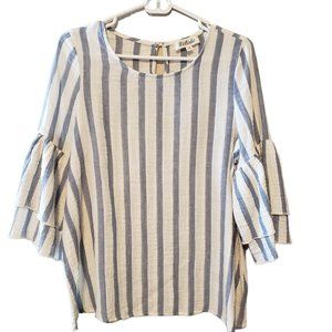 Listicle cotton tunic top ruffled bell sleeves blue white stripe size‎ L